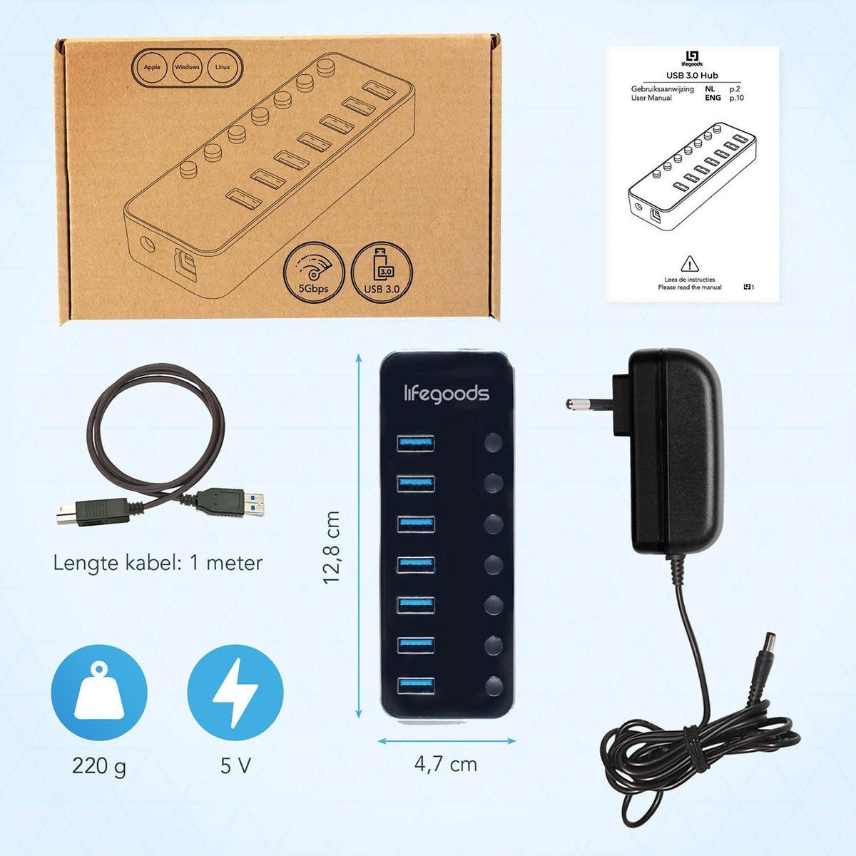 Auronic USB Hub 3.0 - Répartiteur USB avec 7 ports - avec alimentation - 5 GBP - Indication Led - Noir