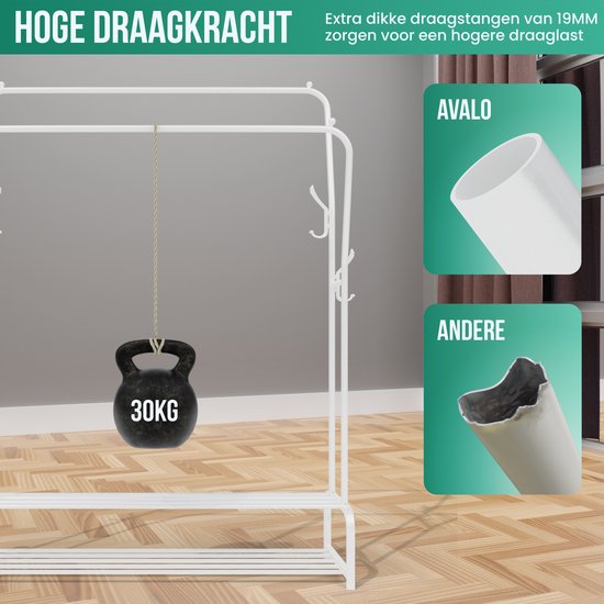 Avalo Rack à vêtements industriel Double Tige - Métal - 110x33x150 CM - Blanc - Rangement pour chaussures - Rack de penderie avec crochets