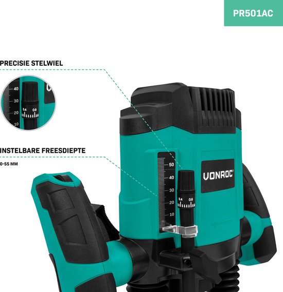 VONROC Router 1200W - 6-8mm - Vitesse variable 16,000 - 30,000 rpm - Livré avec un jeu de 6 pièces, un guide de gabarit, un guide parallèle et une broche de centrage.