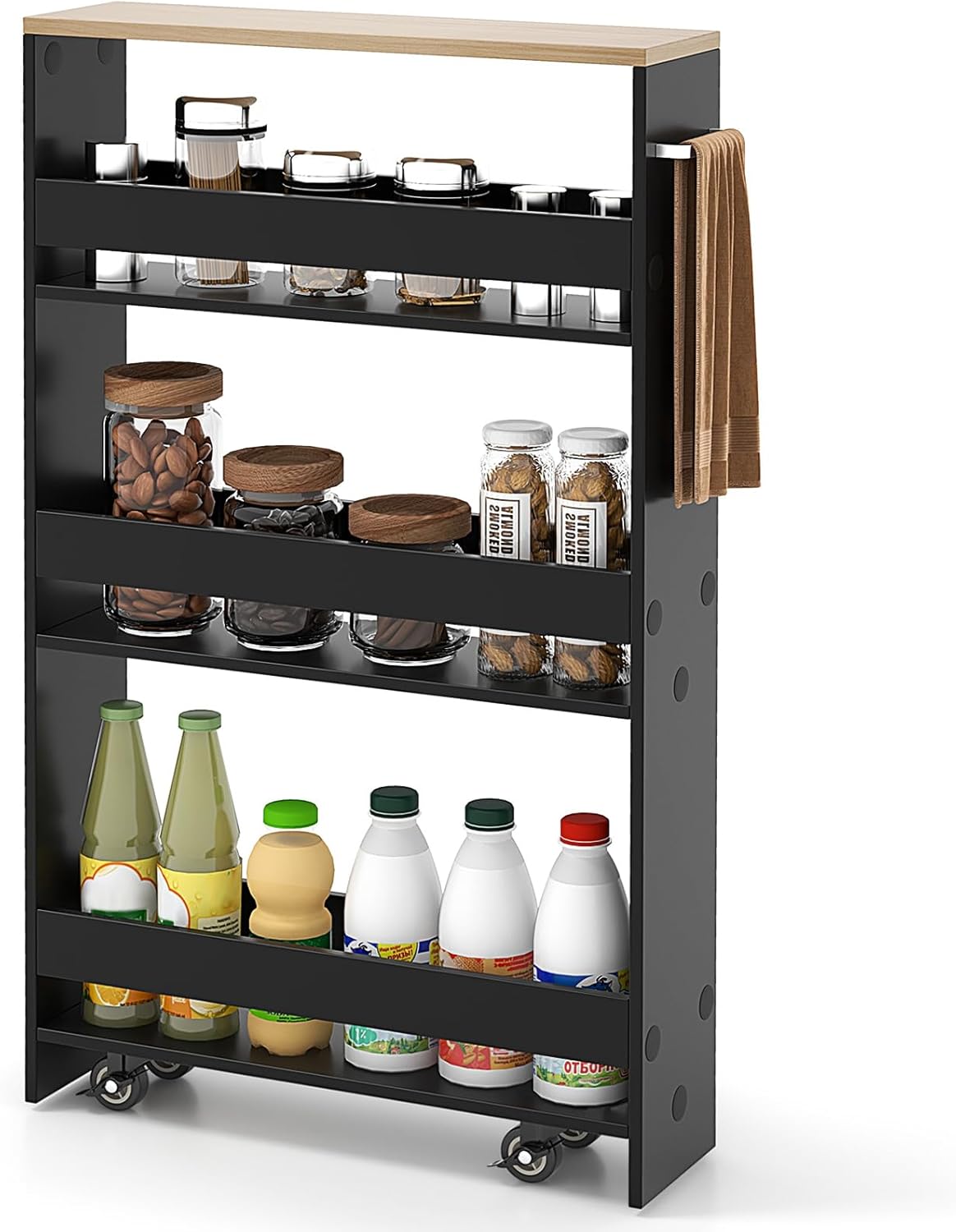 COAST Etagère de rangement étroite sur roulettes - 4 niveaux - avec plateau en bois et porte-serviettes - 48 x 13 x 81 cm - noir/marron