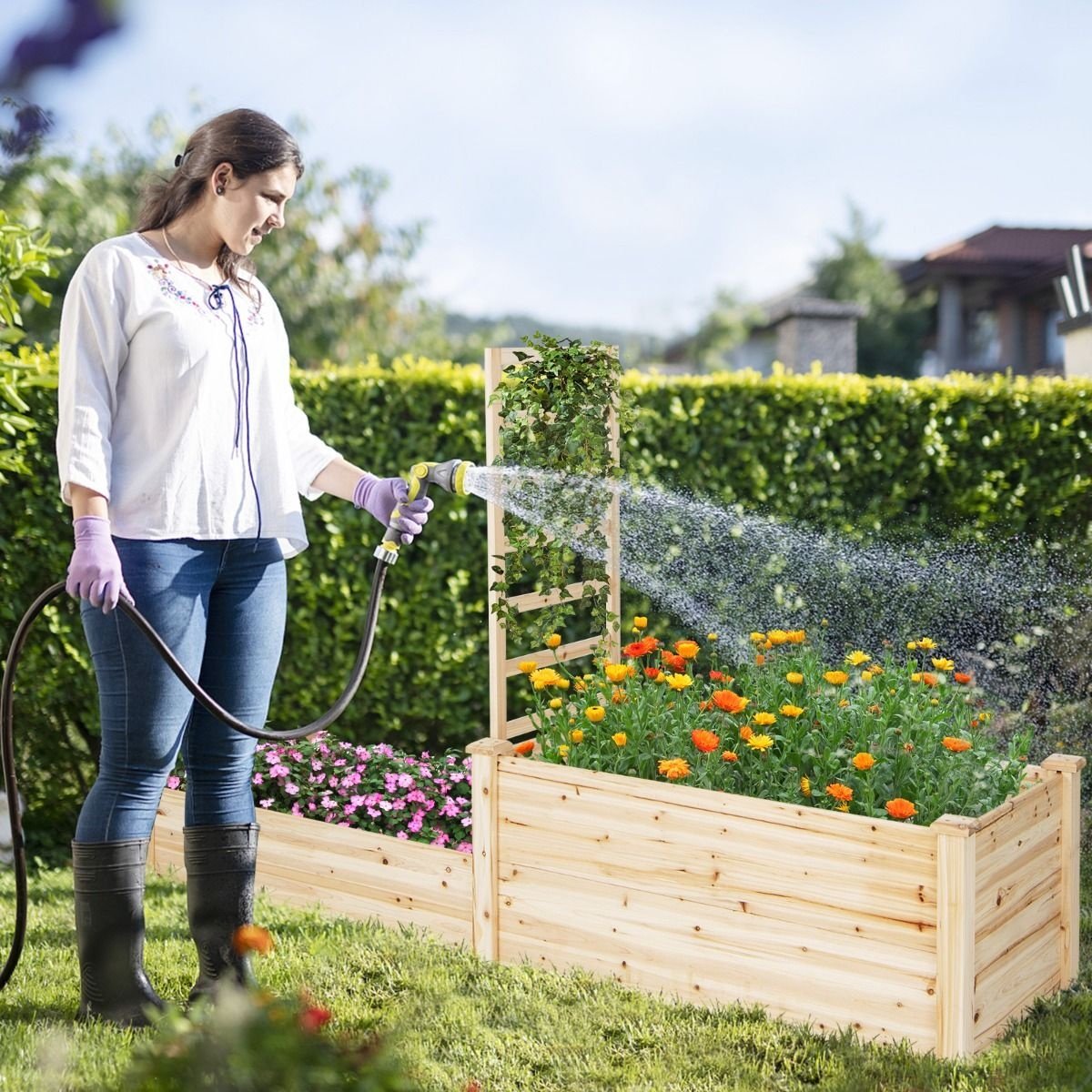 Jardinière Coast - 2 bacs et 1 support pour plantes grimpantes - Fond ouvert - 223 x 64 x 134 cm - Bois de pin