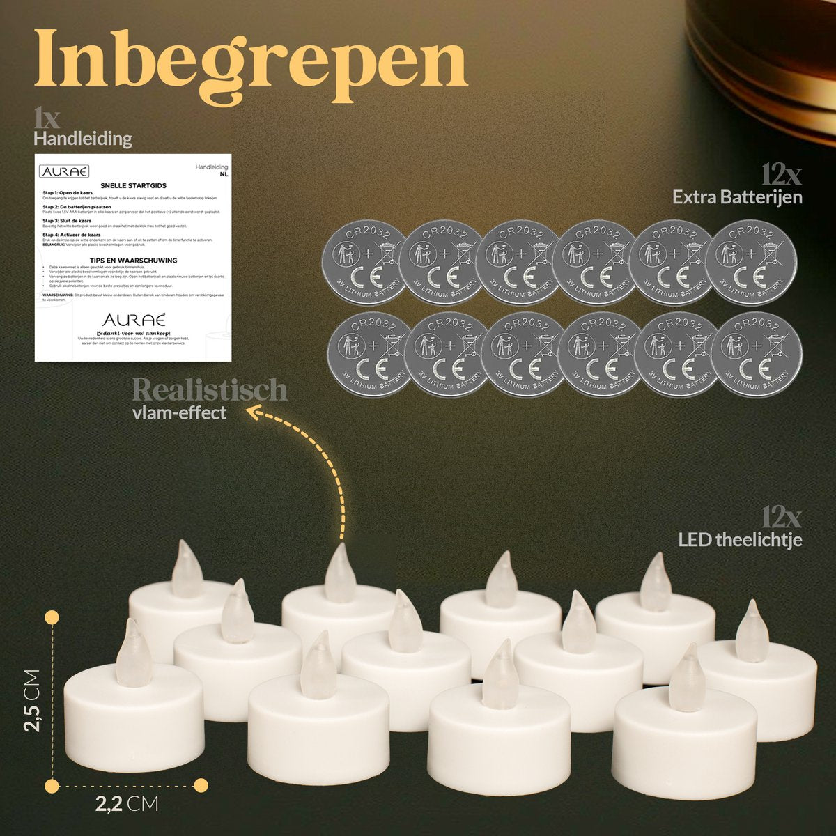 Aurae Led Tea Lights 12x White - 3,7x3,8 cm - Piles incluses - 120+ heures de combustion