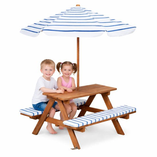Table de pique-nique Pro Garden pour enfants - bleu/blanc - 75 x 75 cm - bois/polyester - parasol inclus - 2 coussins inclus - ensemble de jardin