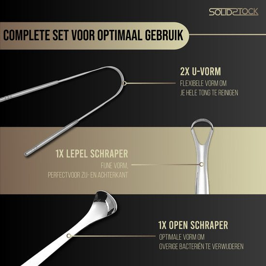 SolidStock Professional Tongue Scraper - 5 in 1 Set - For Oral Care - Tongue Cleaner - Tongue Brush - Ayurveda - stainless steel