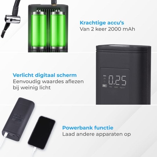 Nuvance - Pompe à pneu à compresseur - 4000mAH - Pompe électrique pour vélo - Compresseur d'air pour voiture, scooter, vélo, ballon et matelas pneumatique - Accessoires inclus - Lampe de poche - PRO