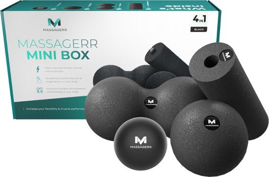 Massagerr® Mini Box - Boule de Massage, Boule de Massage Duo & Mini Foam Roller - Rouleau de Massage - Fascia - Fitness - Trigger Point Massage Set - Inclus Stress Ball - Noir