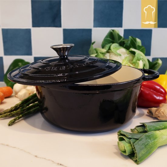 Casserole en fonte Chefarone 3,5 L - Sans PFAS - Avec couvercle - Compatible avec toutes les sources de chaleur - Émaillée noire