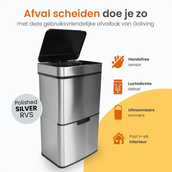 Poubelle de tri sélécrtif automatique - Goliving  - 64 L - Poubelle à détécteur - Séparation des déchets - Détecteur mains libres - Résistant à l'humidité - Acier inoxydable - 40L + 2x12L + 8L - Argenté