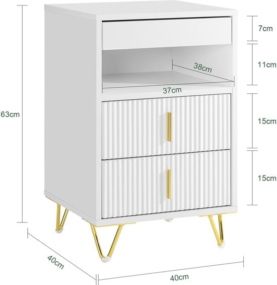 SoBuy Table de chevet, table de chevet avec 3 tiroirs et une étagère, table d'appoint moderne pour la chambre et le salon, blanc, 40 x 40 x 63 cm (l x p x h) FBT168-W