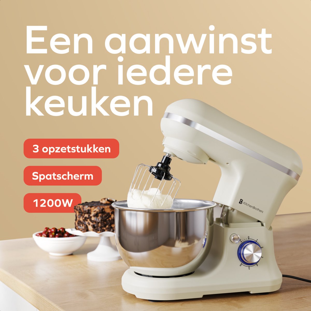 KitchenBrothers Robot de cuisine - 1200W - 5L Bol de mixage - 6 Vitesses + Pulse - Robot de cuisine avec crochet pétrisseur, fouet et crochet mélangeur - Champagne