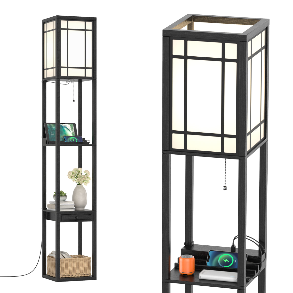 Lampadaire côtier avec 3 compartiments ouverts - 2 ports USB - 26 x 26 x 161 cm - Noir