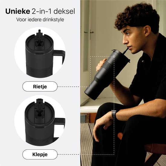 ONYX Bouteille à boire avec paille 1 litre - Bouteille d'eau pour enfants et adultes - Mug Thermos Mug de voyage en acier inoxydable - Buveur motivé - Tasse à boire pour l'école - Noir Onyx