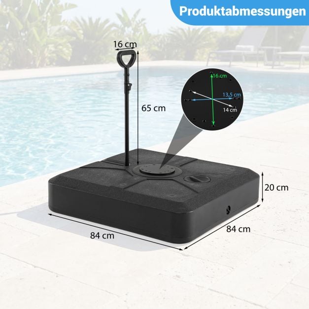 Pied de parasol Coast 84 × 84 × 20 cm – Support de parasol mobile et remplissable pouvant supporter jusqu’à 150 kg, avec 4 roues et une tige de traction télescopique – Noir