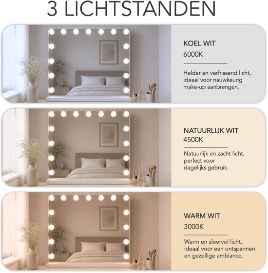 Miroir Lumirex Hollywood 58 x 46 cm - Miroir de maquillage éclairé - 15 LED - Intensité réglable - 3 couleurs de lumière - Commande tactile - Alimentation secteur - Miroir de maquillage - Blanc