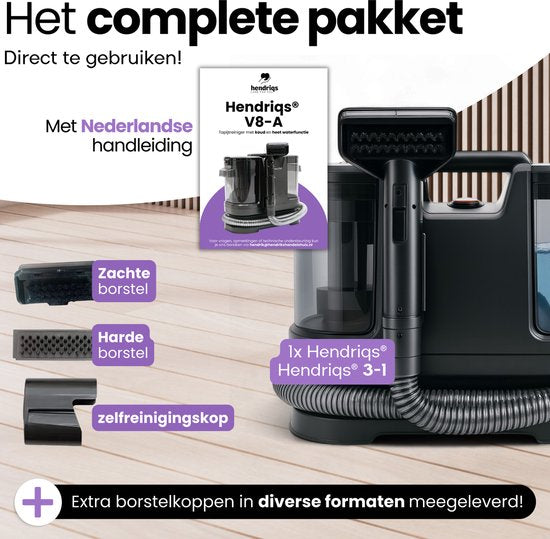 Nettoyeur de tapis Hendriqs® 3-1 à 65 °C avec fonction anti-obstruction | Puissance d'aspiration la plus élevée de sa catégorie - Nettoyeur portable pour éliminer les taches sur les canapés, les textiles et les matelas - Nettoyeur de canapés avec aspirati