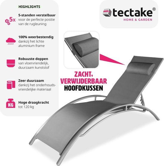 Tectake® Lot de 2 chaises longues de jardin - Gris Aluminium