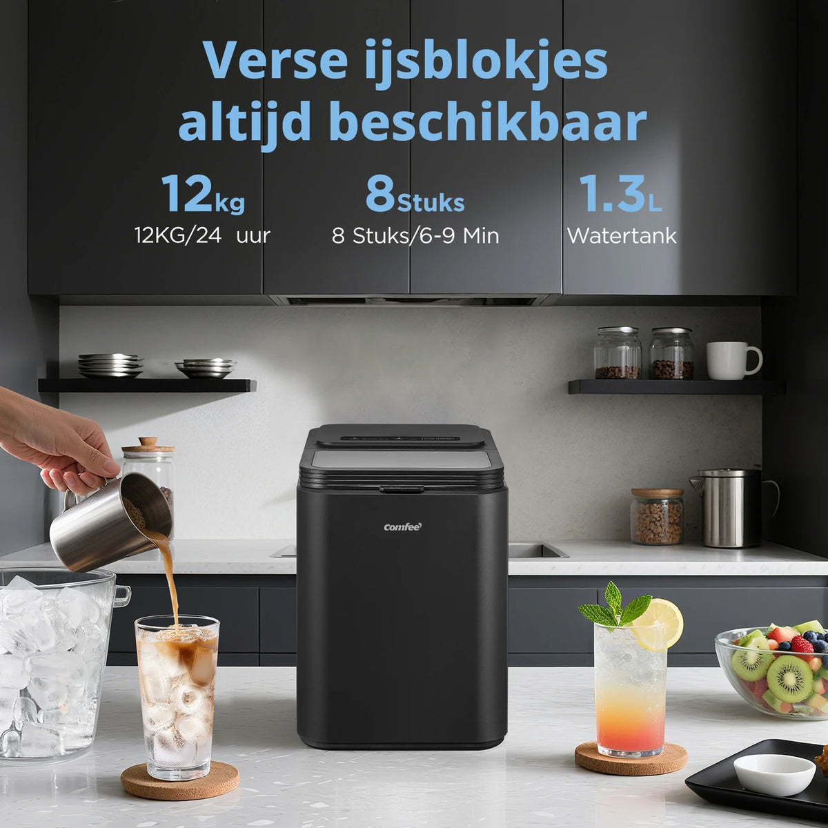 Machine à glaçons Comfee RCI12BL1EU - 12 kg de glace par jour - Autonettoyante - 29,5 x 21,3 x 29,5 cm - Noir