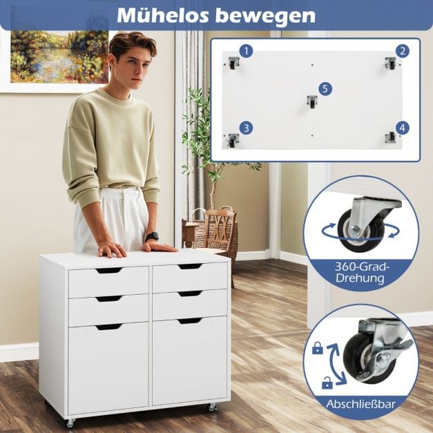 Armoire d'archivage à roulettes Coast – 4 tiroirs et 2 portes – 73 x 40 x 64,5 cm – Blanc