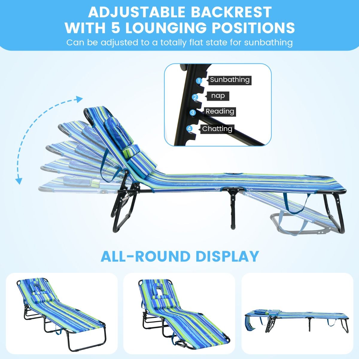 Chaise longue pliable avec ouverture au niveau du visage - Noir/Bleu/Couleur sable - 4 positions d'inclinaison - 160 kg - Avec 3 coussins
