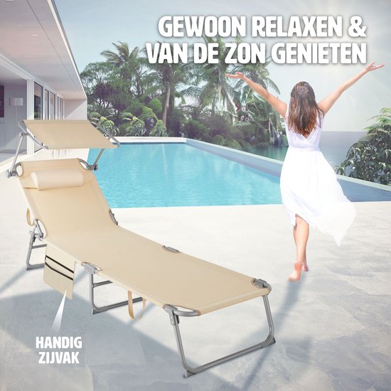 tectake® - bain de soleil bain de soleil - 4 positions, pliable - beige - 68 x 190 x 28 cm, avec poche latérale