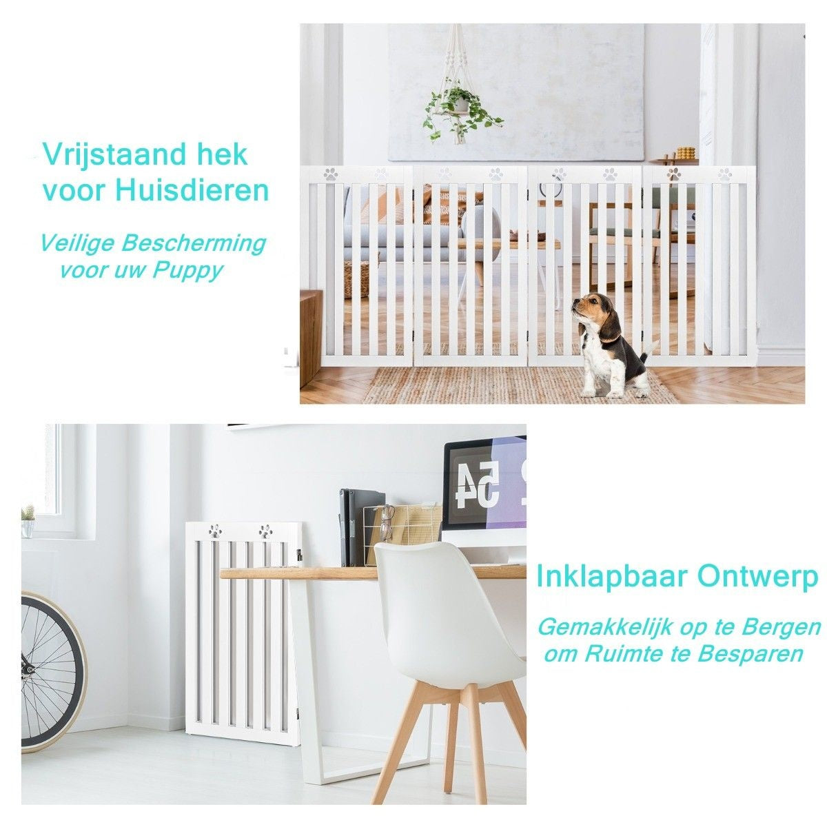 Clôture pour chien en bois autoportante Clôture pour chien pliable en 3 parties avec charnières flexibles Blanc