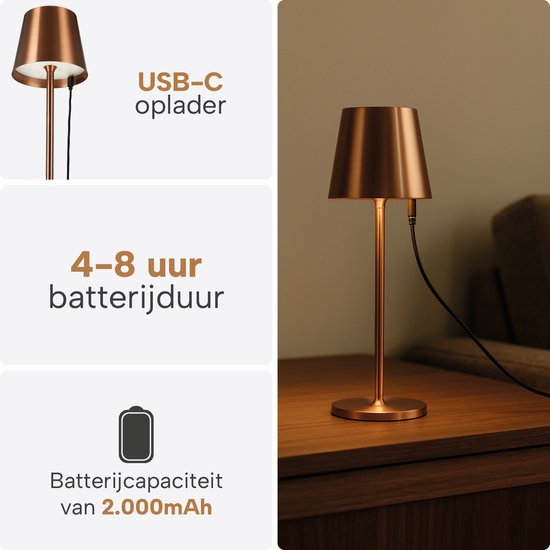 Lampe de table sans fil - Sans fil et rechargeable via USB-C – 3 couleurs de lumière LED – Intérieur et extérieur – Lot de 2 pièces - Anthracite - BREND BR-2247