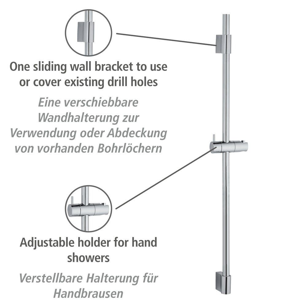 Barre de douche en acier inoxydable argenté brillant pour douchette à main, 90 cm, modèle Classic - Wenko