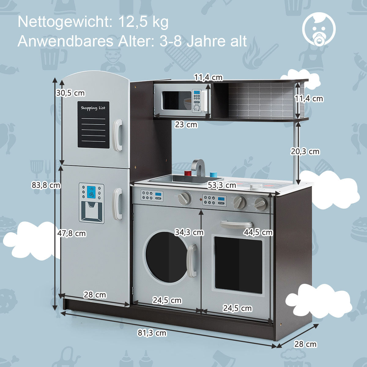 Cuisine pour enfants avec évier et robinet et cuisinière avec bruits de clics