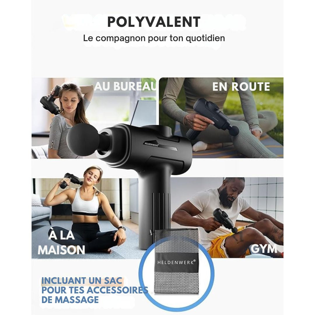 Pistolet de massage - HELDENWERK - avec 6 accessoires - 3200 rpm, USB-C, masseur musculaire - Noir