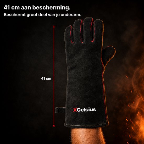 Gants de barbecue XCelsius® en cuir refendu – Certifiés TÜV EN407 – Gants de barbecue et de four résistants à la chaleur – Pour kamado, fonte, grilles et déflecteurs de chaleur – Cadeaux pour hommes – 1 paire – Noir et rouge