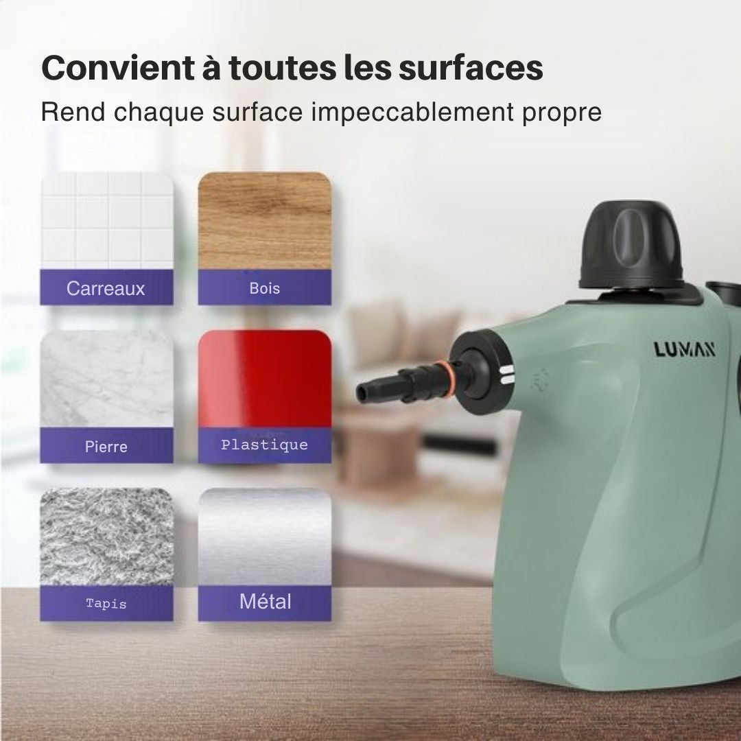 Nettoyeur vapeur portatif - Luman - 1050W - Réservoir 450 ml - Pression 0,26 à 0,32 MPa - Fonction vapeur continue - 16 accessoires - Vert