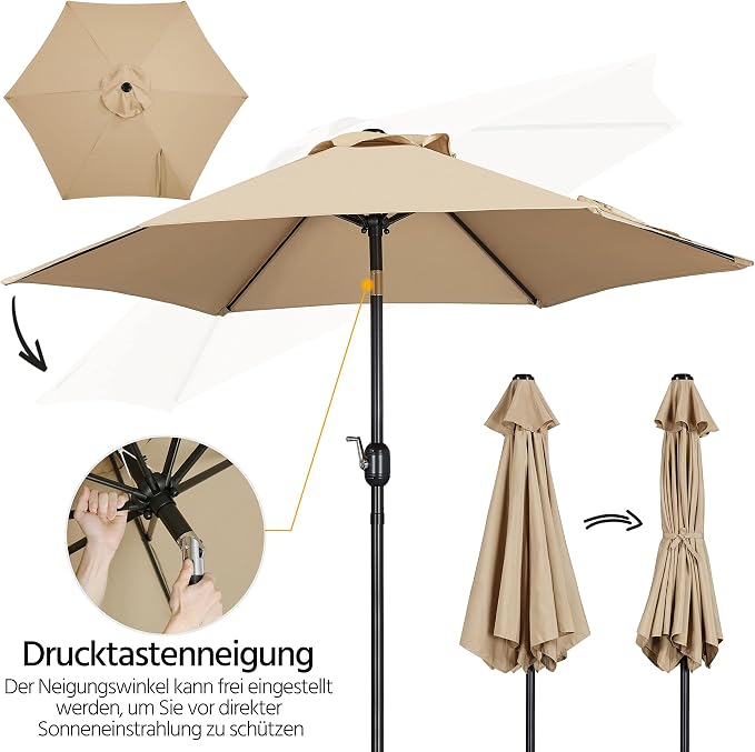 Parasol Yaheetech Ø 230 cm - Hydrofuge - Parasol de jardin inclinable avec mécanisme à manivelle