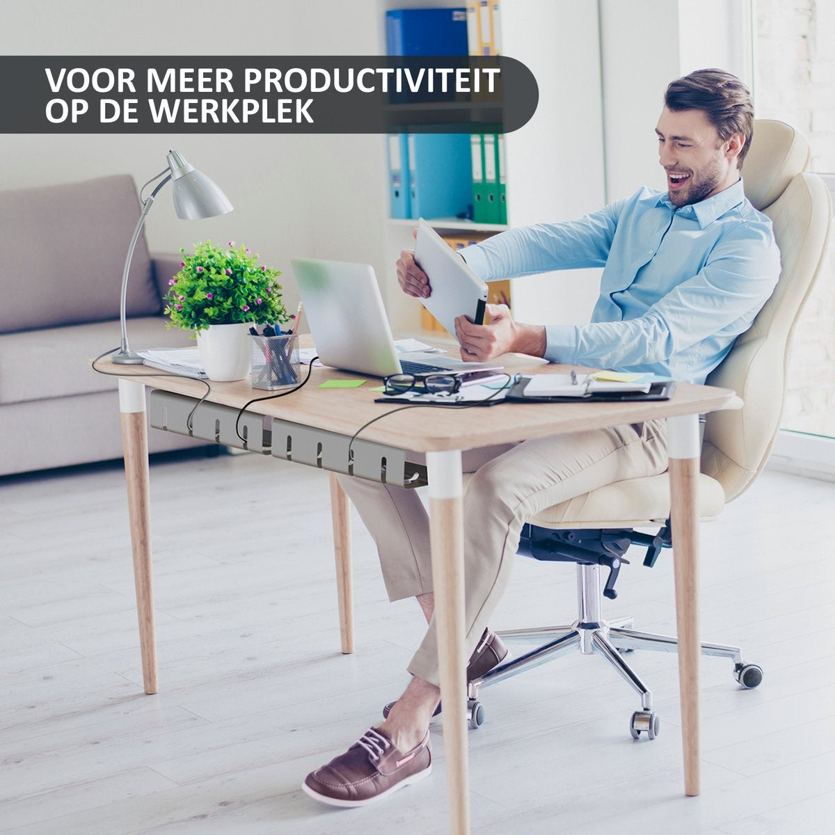 Stilemo Kabelgoot Bureau 2 Delig - Cable Management - Kabelhouder 43 CM - Kabelbox - Kabel Organiser 5 KG Draagkracht - Opberbox Stekkerdoos - Grijs - Incl. Accessoires