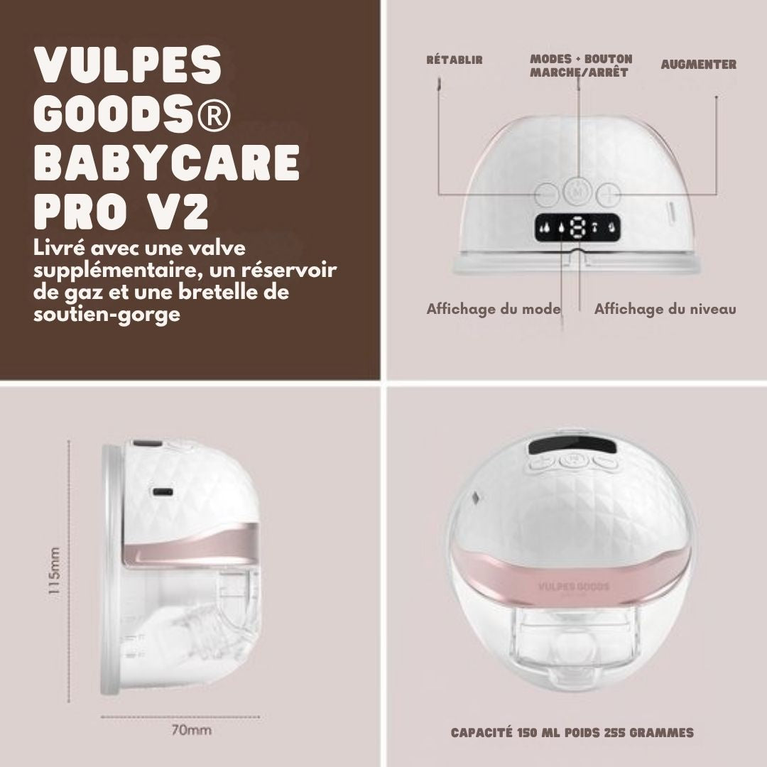 Tire-lait électrique sans fil Vulpes Goods®- mains libres et portable - avec contrôle APP - sans BPA - avec détartreur de granules mammaires, 30 sachets de conservation du lait maternel, sac de voyage et journal du tire-lait - PRO V2 - blanc/rose