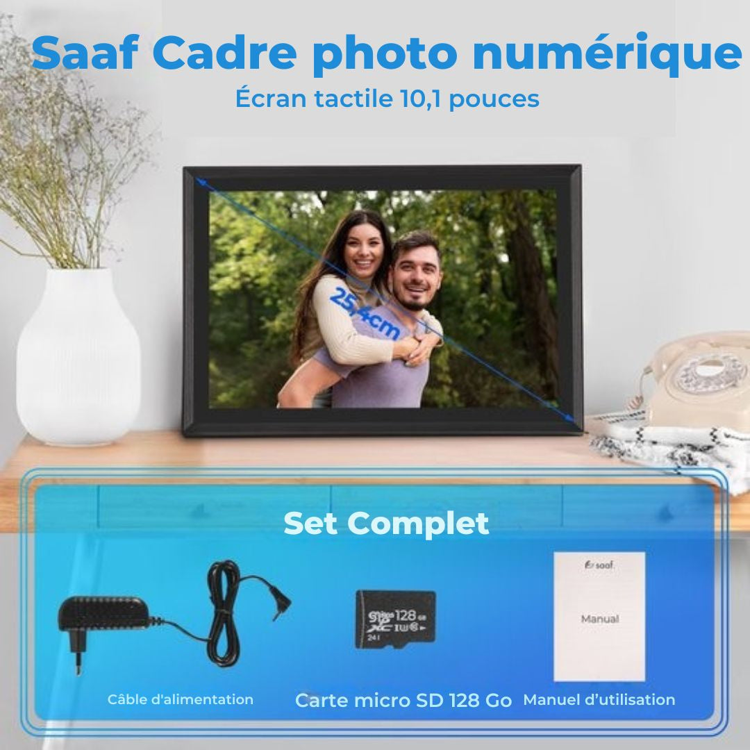 Cadre photo numérique avec Wifi - Saaf - écran tactile 10,1" et 160 Go - avec application - Noir