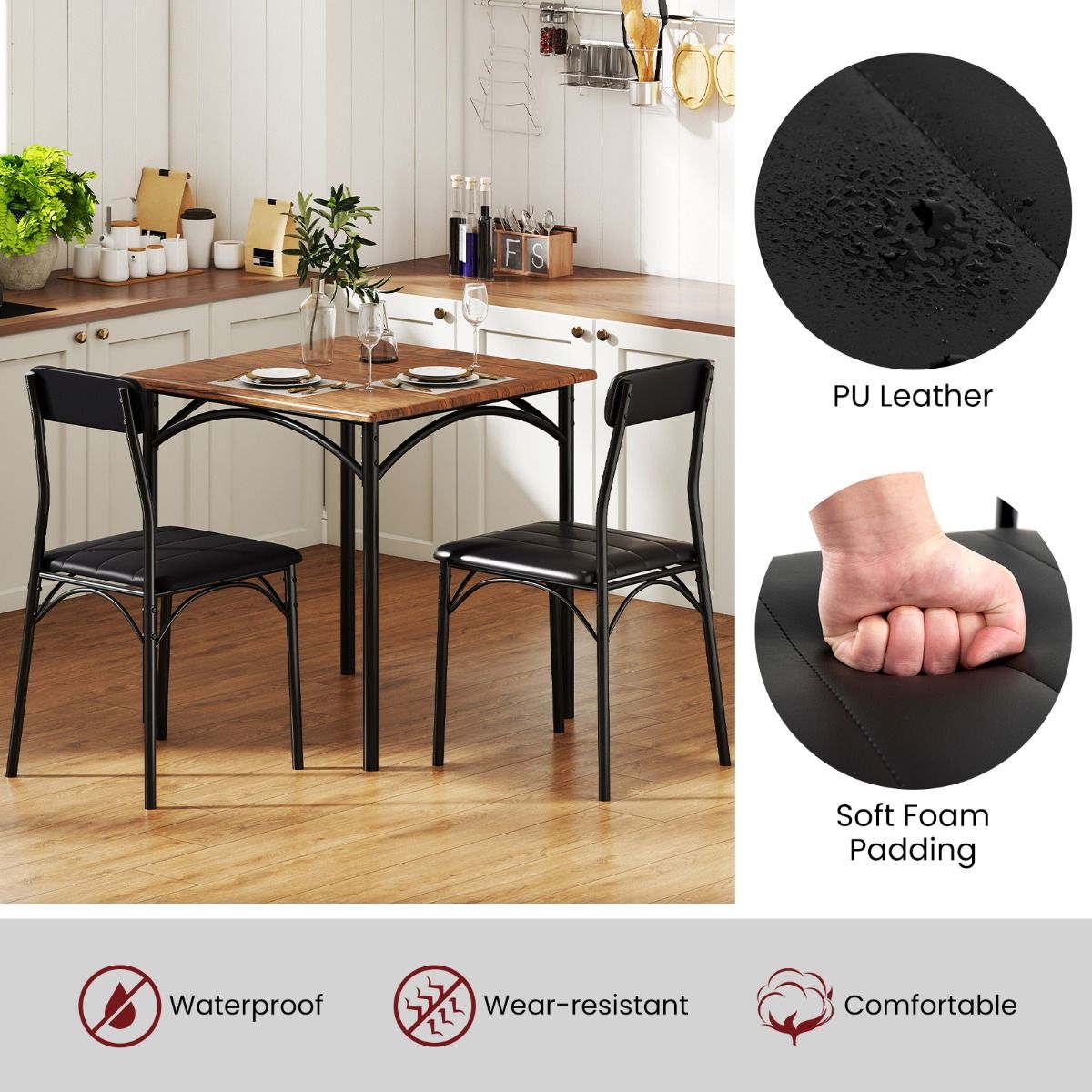 Ensemble de salle à manger Coast - table carrée avec 2 chaises - revêtement en simili cuir - noir et marron rustique