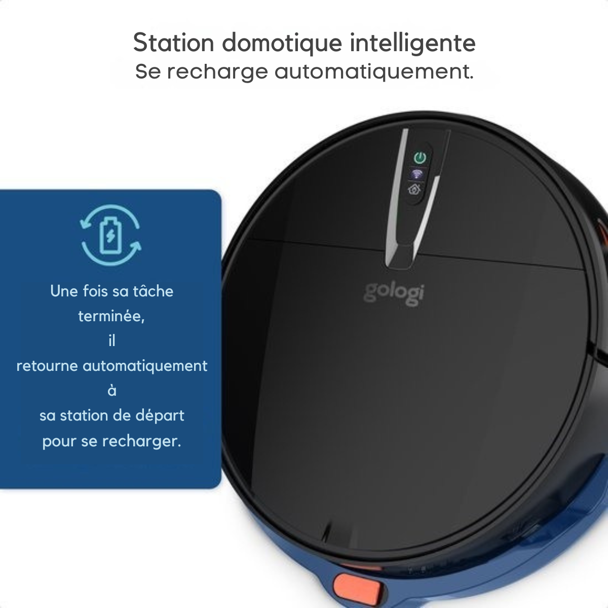 Aspirateur robot Gologi - avec fonction balayage - Automatique - contrôlable par application - Avec station de charge - Aspirateur robot sans fil - 45DB - Noir