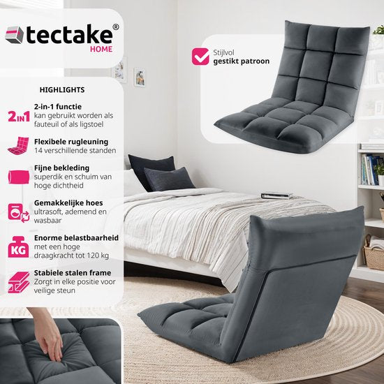 tectake® Relax chair - Fauteuil relax - Fauteuil de sol XXL - Pliable et inclinable - Fauteuil de sol avec dossier réglable - Peut être utilisé comme fauteuil, coussin de siège, coussin de sol, fauteuil de relaxation ou pour la méditation - Gris