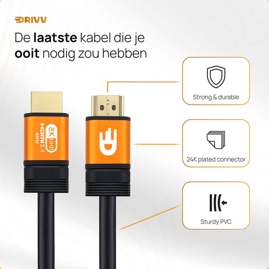 Drivv. Câble HDMI Premium 2.1 - Ultra HD High Speed 8K - HDMI vers HDMI - Convient à Xbox Series X & PS5 - 3 mètres - Orange