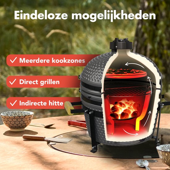 KitchenBrothers Kamado BBQ - 16 Inch Charcoal Barbecue - 34⌀ cm - PFAS-free - Deluxe Set - Egg BBQ with Accessories - Grey