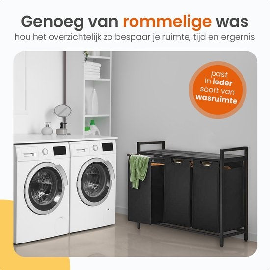 Goliving Trieur de linge - Panier à linge avec 3 compartiments - Boîte à linge - Textile Oxfort/Métal/Bois - 3 x 38 Litres - 25 x 92,5 x 71 cm - Noir