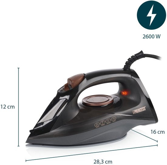 Fer à repasser à vapeur Princess 322890 - 2 600 W - Semelle en céramique - Repassage à la verticale - Auto-nettoyant - Réservoir d'eau de 220 ml - Chauffe rapidement - Système anti-gouttes