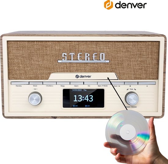 Radio - Denver - Bluetooth - Lecteur CD – Réveil - DAB /FM / AUX - Couleur bois