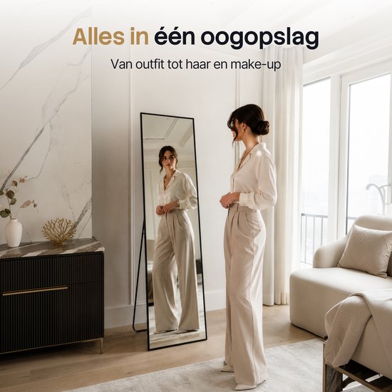 Infinity Goods Miroir en pied - Miroir mural - Miroir rectangulaire sur pied - Bordure métallique luxueuse - 160 x 40 cm - Noir