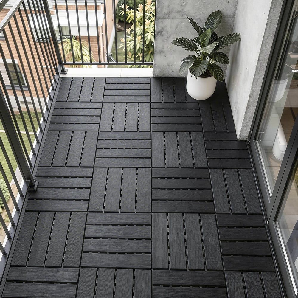 Dalles de terrasse en plastique Sobuy, noires - Système d'emboîtage - Finition imitation bois - Pour balcons et terrasses