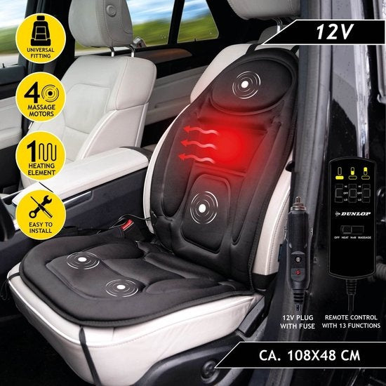 Dunlop Massage Seat Car with Heating Function - 108 x 48 CM - 4 Massage Motors and 1 Heating Element - Connection to Cigarette Lighter Car - Remote Control with 13 Stages - Black
