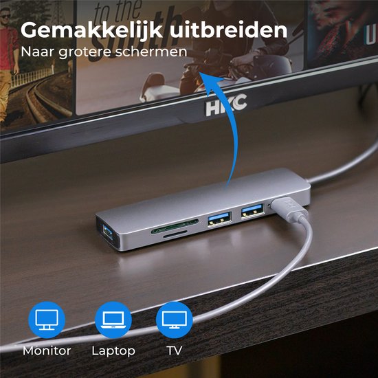 Nuvance - Hub USB C 3.0 - 5 Ports - Répartiteur USB - Station d'accueil USB C - Lecteur de carte micro SD USB C - Gris