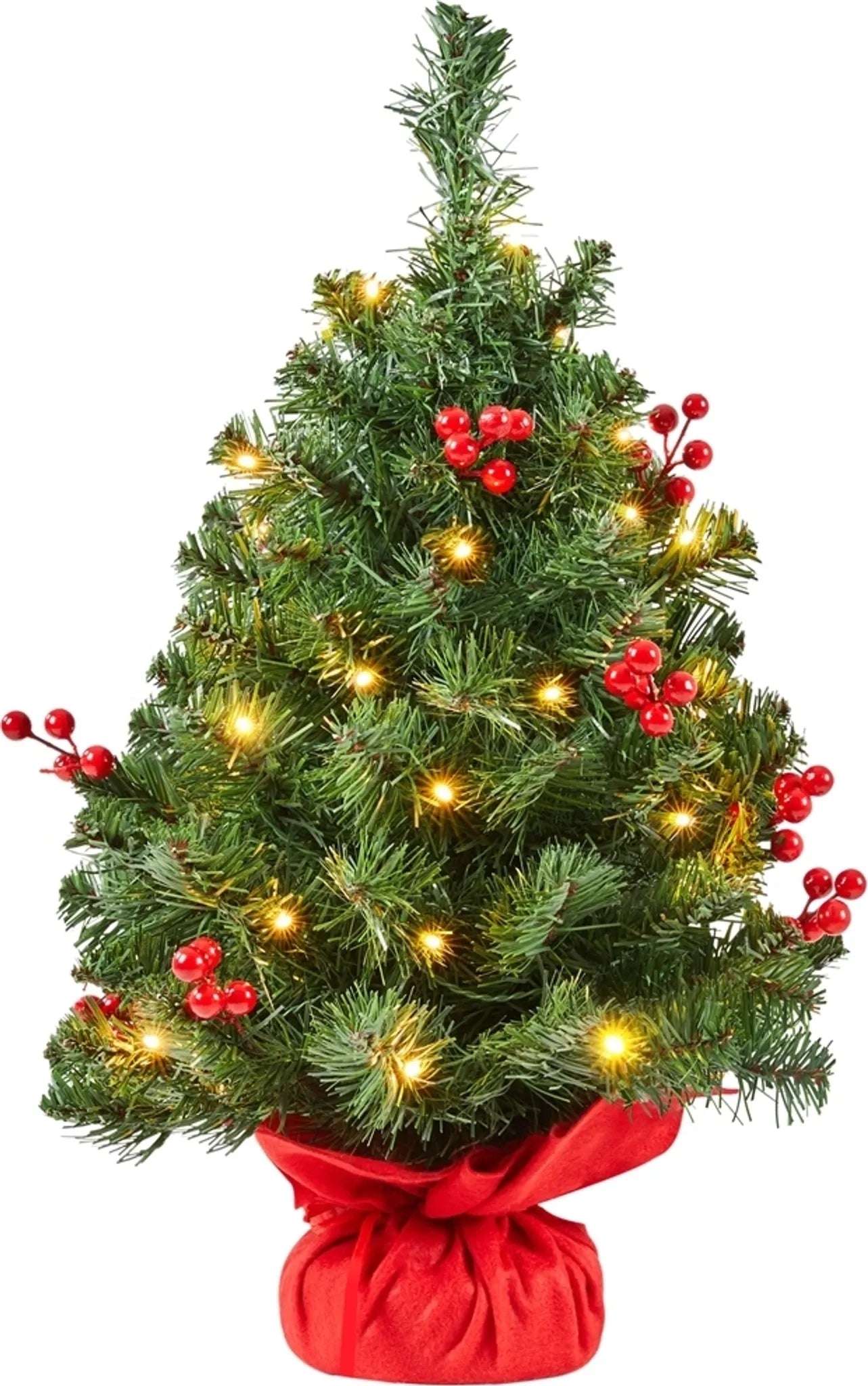 Yaheetech Arbre de Noël de table avec lumières - 38 x 38 x 60 cm - avec 35 lumières LED et 40 baies rouges et base en béton avec tissu rouge - pour le buffet et le bureau - PVC vert et béton