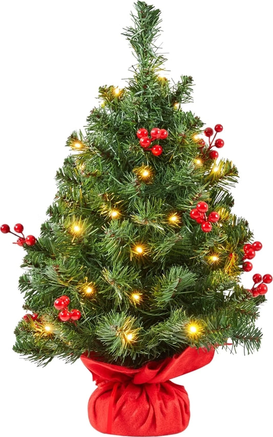 Yaheetech Arbre de Noël de table avec lumières - 38 x 38 x 60 cm - avec 35 lumières LED et 40 baies rouges et base en béton avec tissu rouge - pour le buffet et le bureau - PVC vert et béton