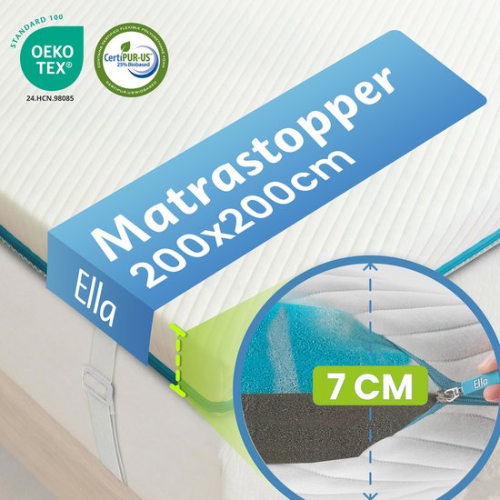 Surmatelas Ella 200 x 200 cm - Surmatelas de 7 cm - Surmatelas en mousse à mémoire de forme imprégnée de gel et mousse Aircell - Dureté moyenne